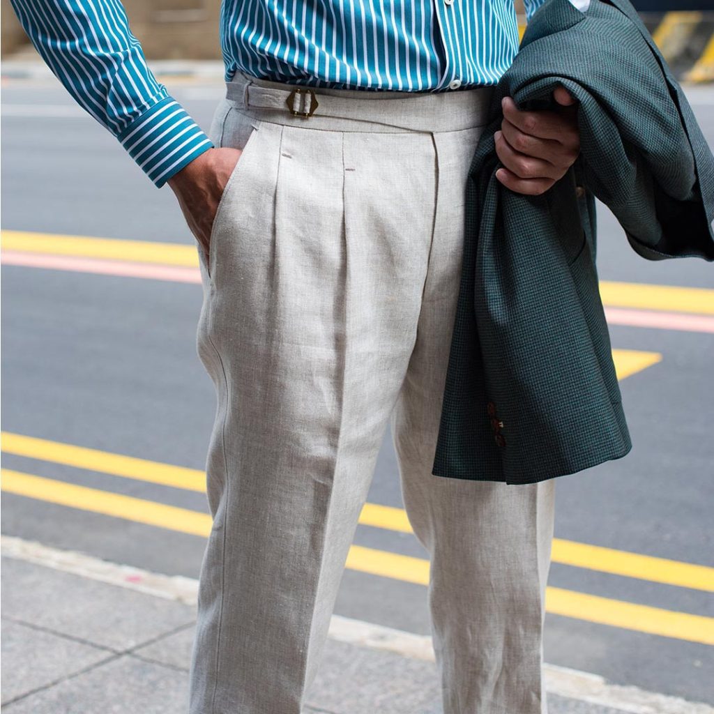 Beige-Linen-Tailor-Made-Trousers-with-a-Half-Gurkha-waistband-by-Perfect-Attire-Suit-Tailors-Singapore
